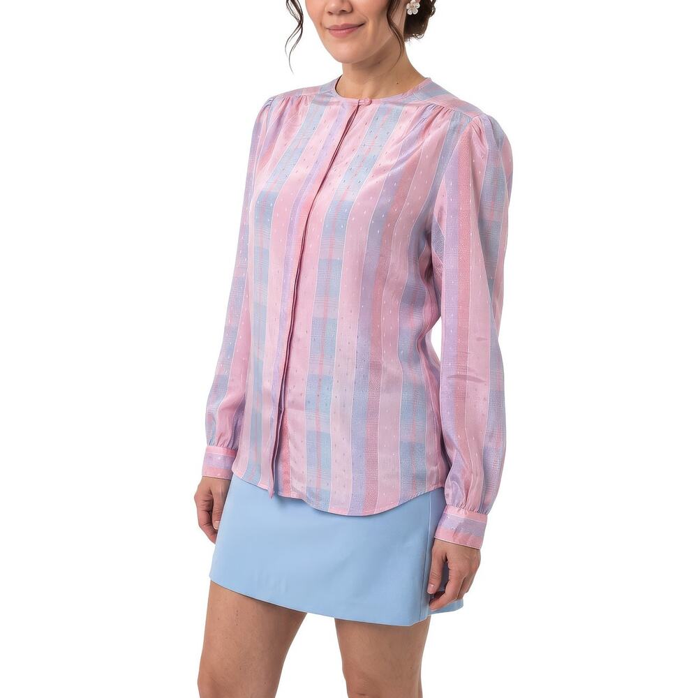 80's VINTAGE PYKETTES Baby Pink Blue Striped Blouse Top Shirt 14